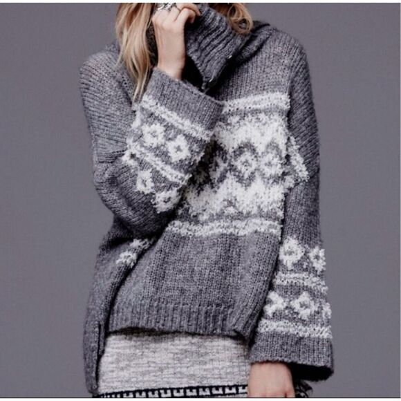 Free People Fair isle convertible cowl neck Sweater oversized S bell sleeves - Picture 5 of 9